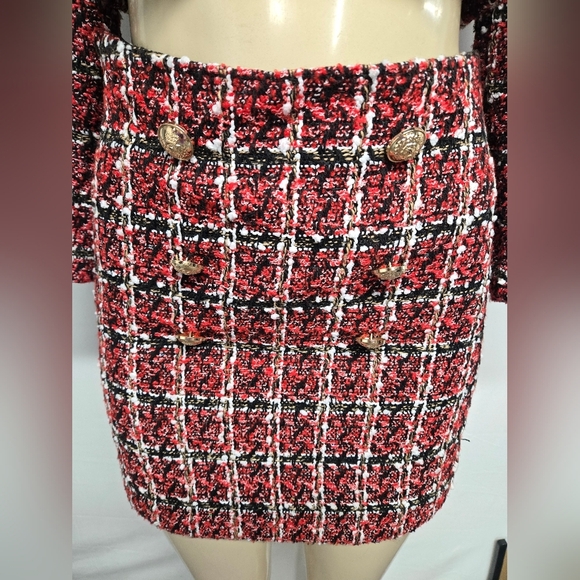 Shein S 4 Skirt Suit Plaid Textured Tweed Red Black White Lined Cropped - Picture 2 of 8